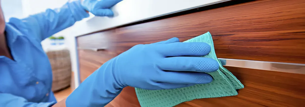 Cleaner wearing blue gloves wiping a wooden cabinet drawer with a microfiber cloth for dust and grime removal, Erie, PA.
