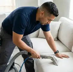 Professional upholstery cleaning technician using an extraction wand to deep-clean a fabric sofa, Erie, PA.